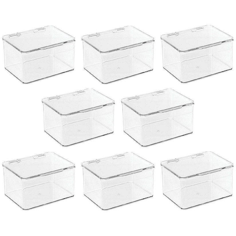 mDesign Plastic Bathroom Stacking Organizer Box with Hinged Lid, 8 Pack, Clear