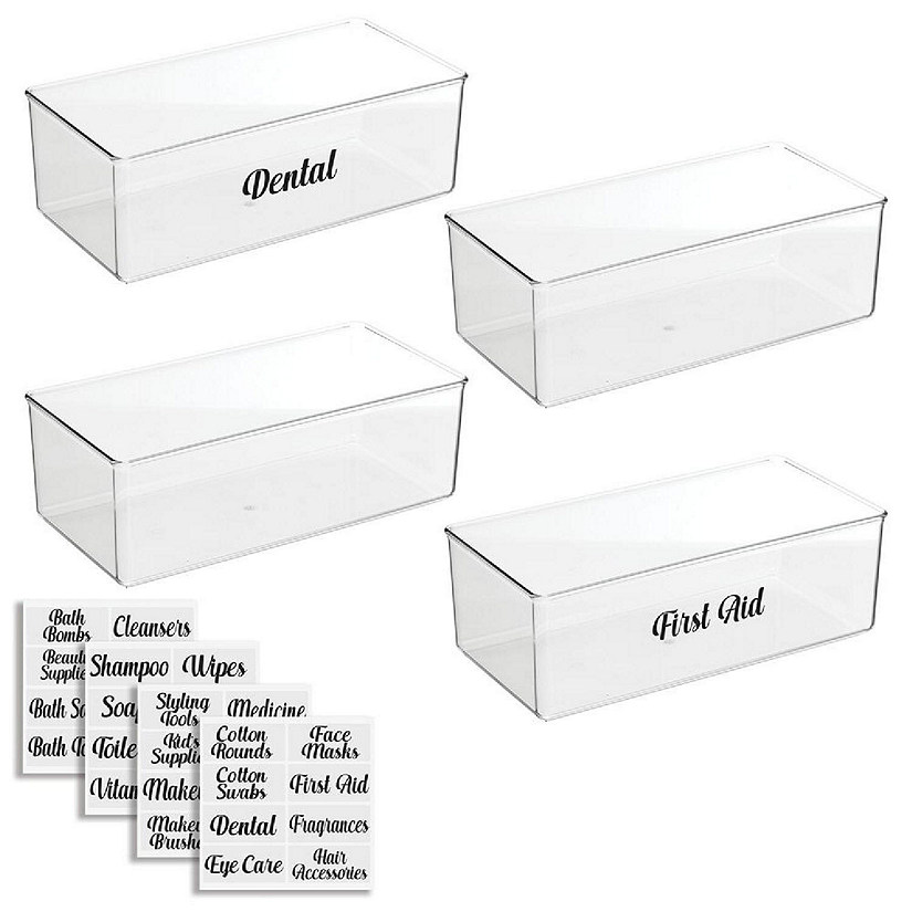 mDesign Plastic Bathroom Storage Organizer Bin with Labels, Set of 4 - Clear
