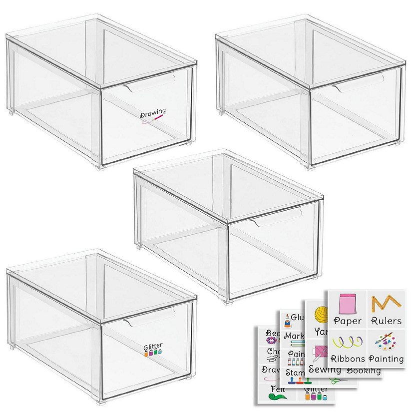 mDesign Plastic Craft Organizer Bin, Pull Out Drawer + 24 Labels, 4 Pack,  Clear