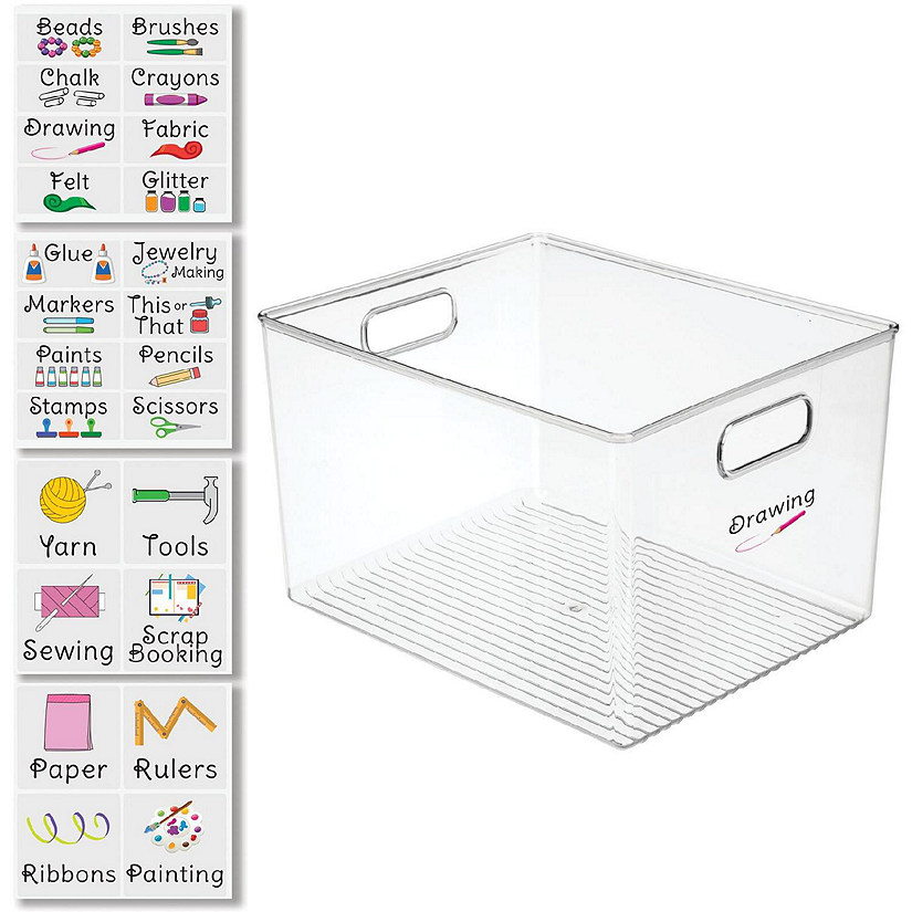 mDesign Plastic Craft Room Storage Box with Handles + 24 Labels Clear
