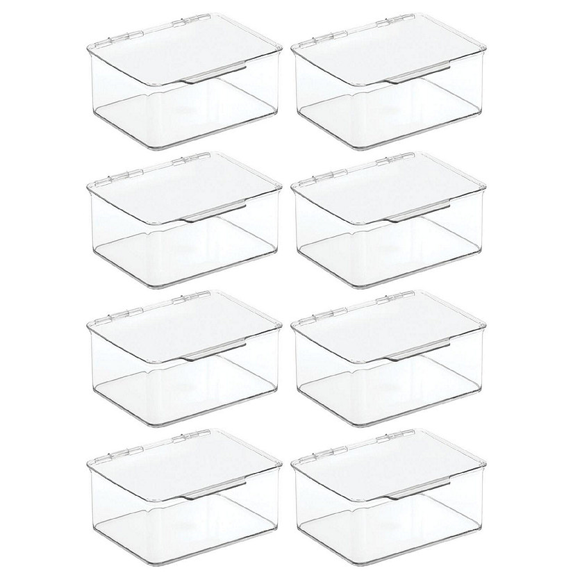 mDesign Plastic Bathroom Stacking Organizer Box with Hinged Lid, 8 Pack, Clear