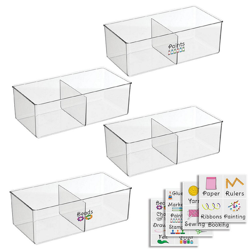 mDesign Plastic Craft Storage Organizer Bin Box 4 Pack + 24 Labels Clear