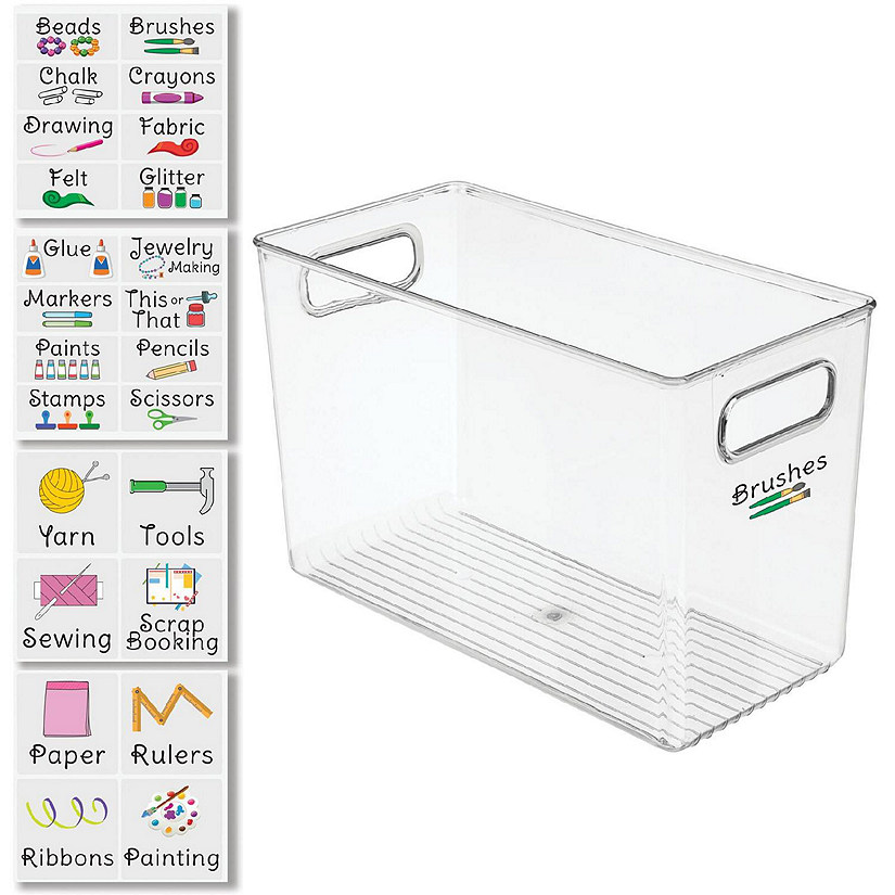 mDesign Plastic Craft Storage Organizer Container Bin, 1 Bin, 24 Labels, Clear