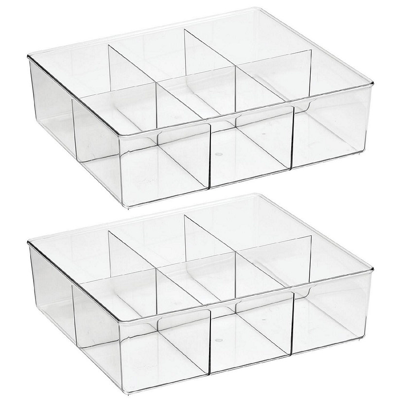 MDesign Plastic Divided 6 Section Kitchen Pantry Drawer Organizer, 2 Pack,  Clear