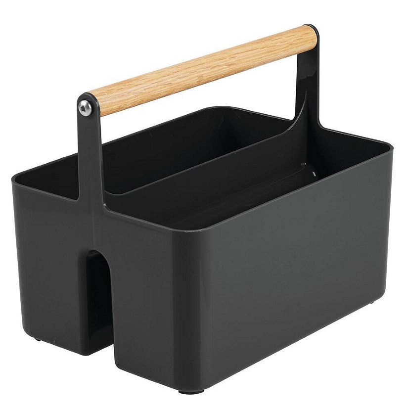 mDesign Plastic Divided Shower Caddy Organizer, Bamboo Handle Black