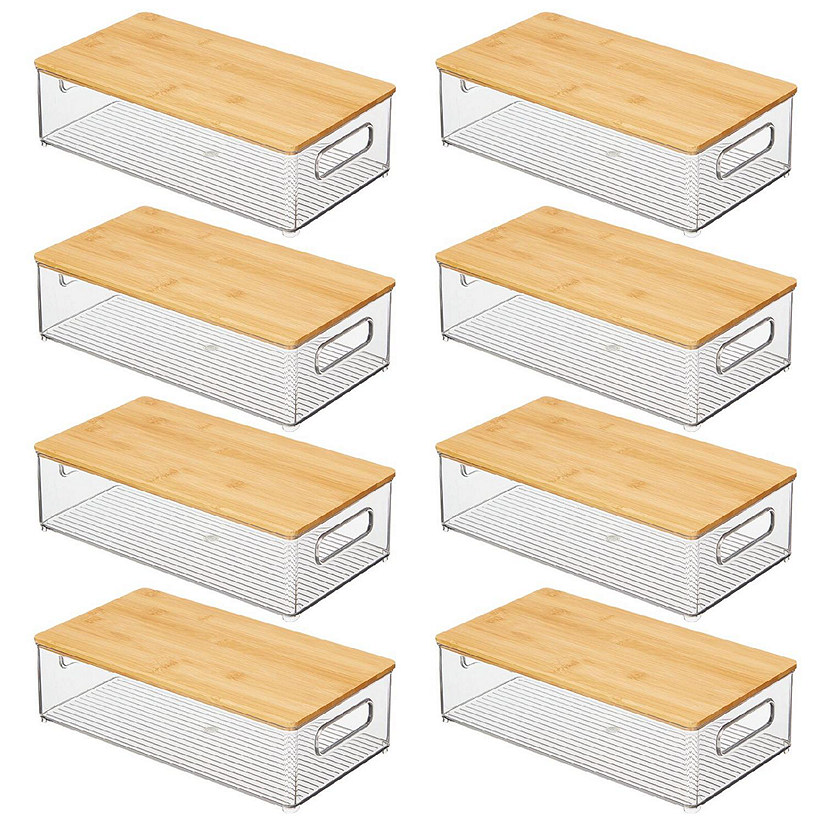 8ct mDesign Plastic Kitchen Storage Box Bamboo Lid, Handles, 8 Pack, Clear/Natural