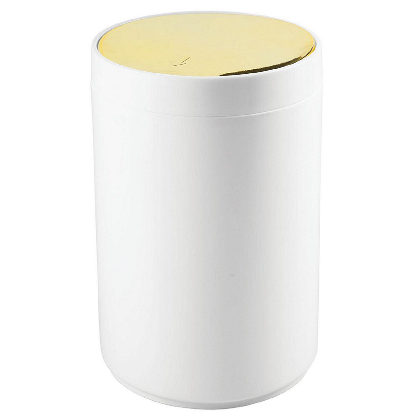 mDesign Plastic Small Round Trash Can Wastebasket, Swing Lid White/Gold