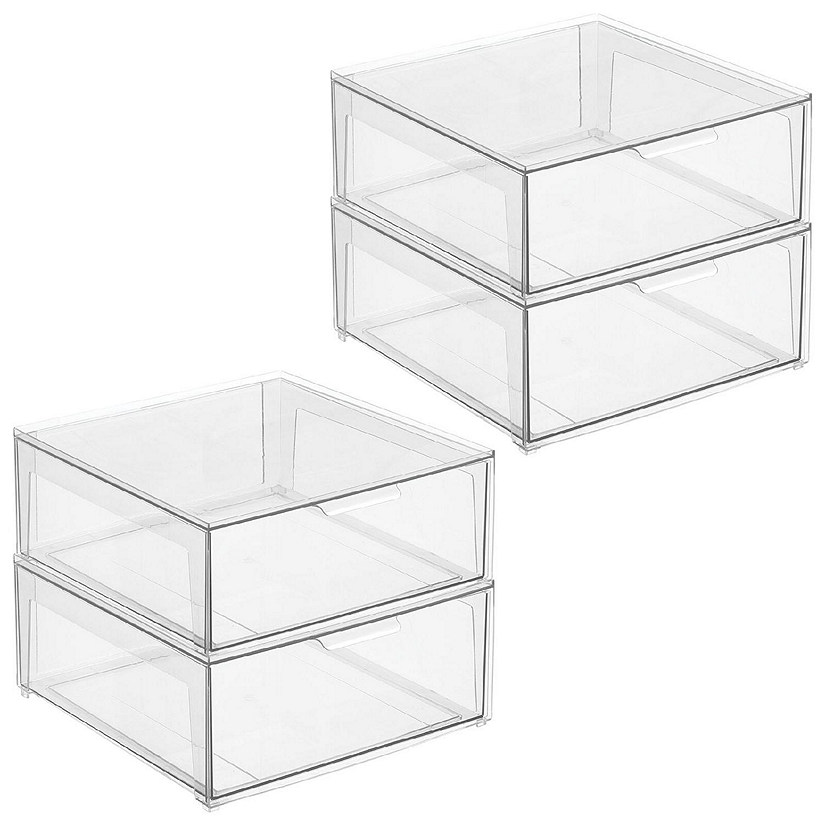 mDesign Plastic Stackable Kitchen Storage Organizer with Drawer - 4 Pack -  Clear