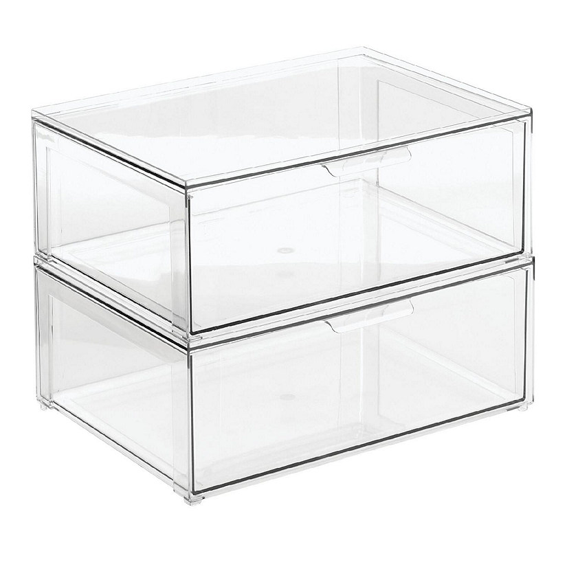 mDesign Stackable Plastic Storage Closet Bin Boxes - 2 Pull-Out Drawers -  Clear