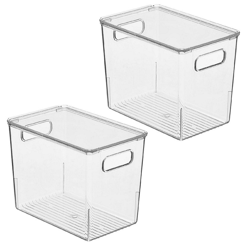 mDesign Slim Plastic Stacking Kitchen Bin Box, Handles/Lid, 2 Pack, Clear/ Clear