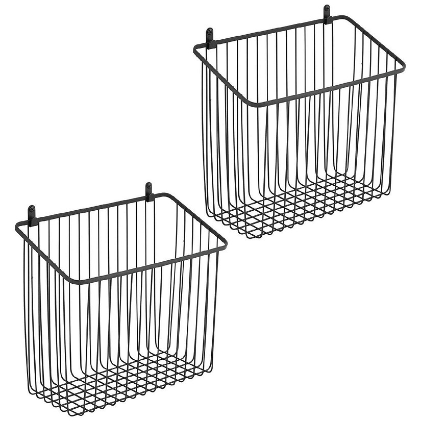 mDesign Metal Storage Organizer Basket with 6 Hooks Wall Mount Black