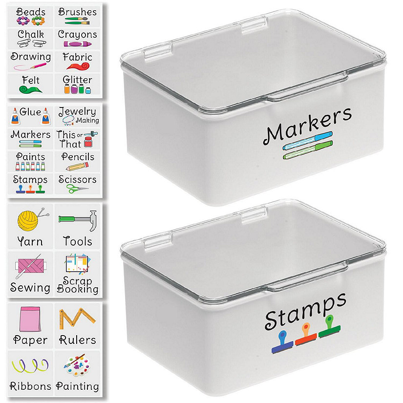 mDesign Stackable Plastic Craft, Sewing Storage Box, 2 Pack + 32 Labels