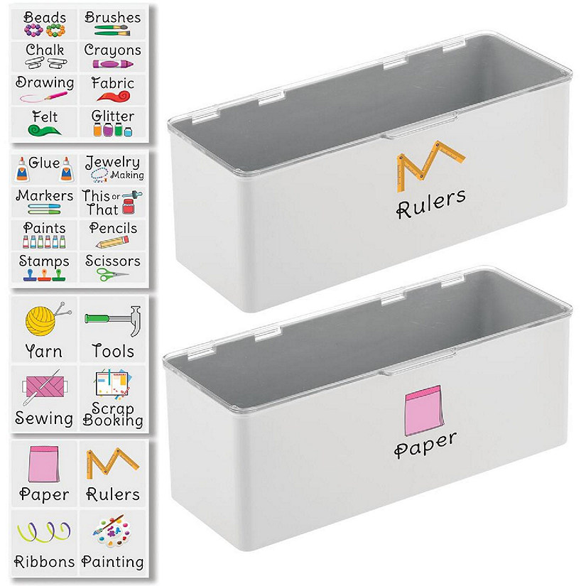 mDesign Stackable Plastic Craft, Sewing Storage Box, 2 Pack + 32 Labels Gray