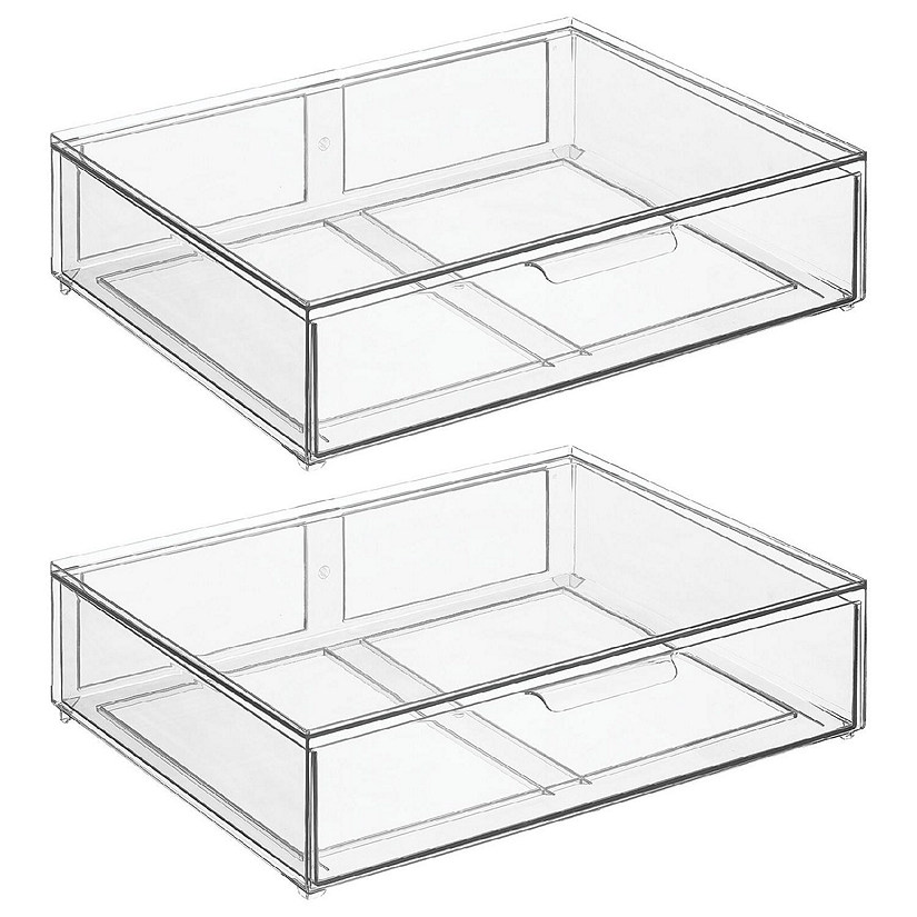 mDesign Stacking Plastic Storage Kitchen Bin with 2 Drawers, 2 Pack, Clear