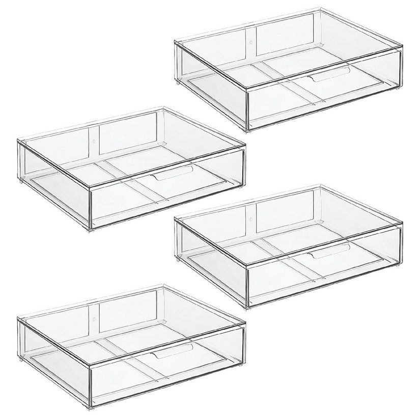 mDesign Wide Plastic Stackable Kitchen Organizer Bin with Drawer, 4