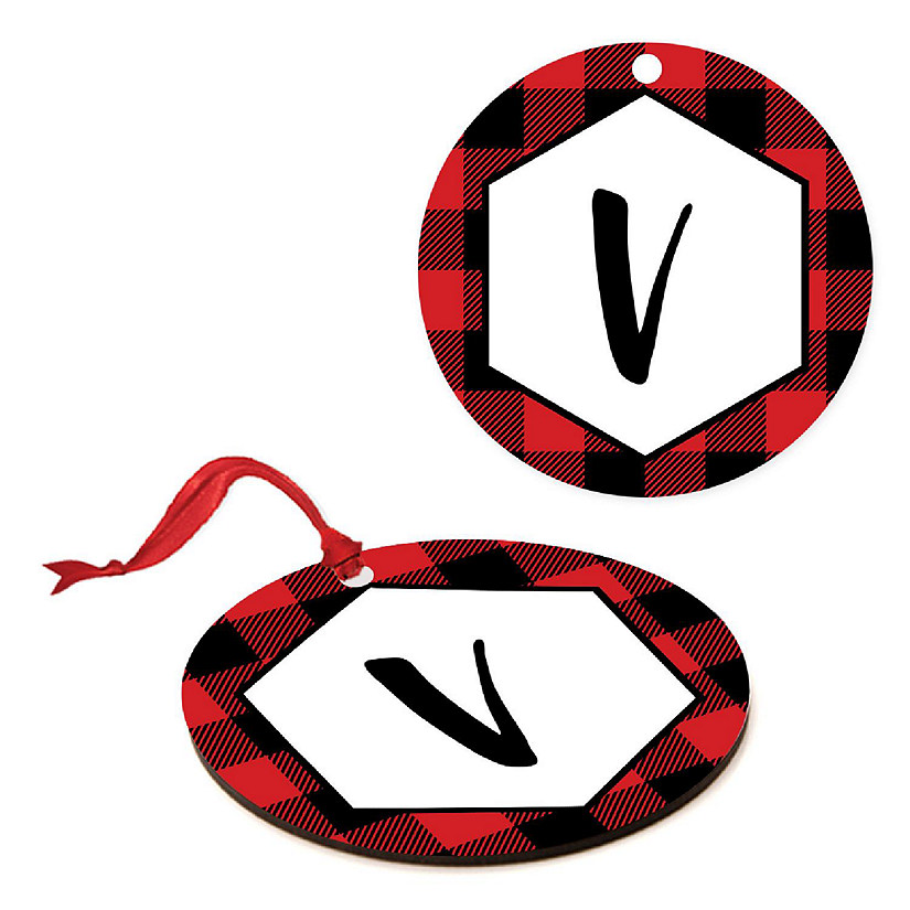 MDF Wood Ornament Red Plaid Letter V Image