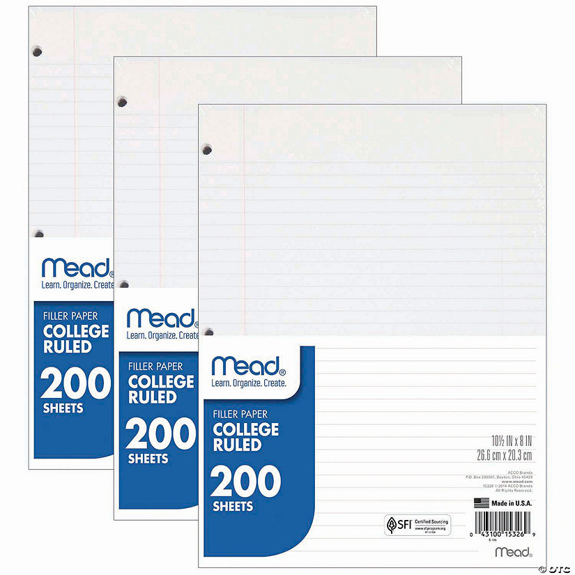 Mead Notebook Filler Paper, College Ruled, 200 Sheets Per Pack, 3 Packs Image