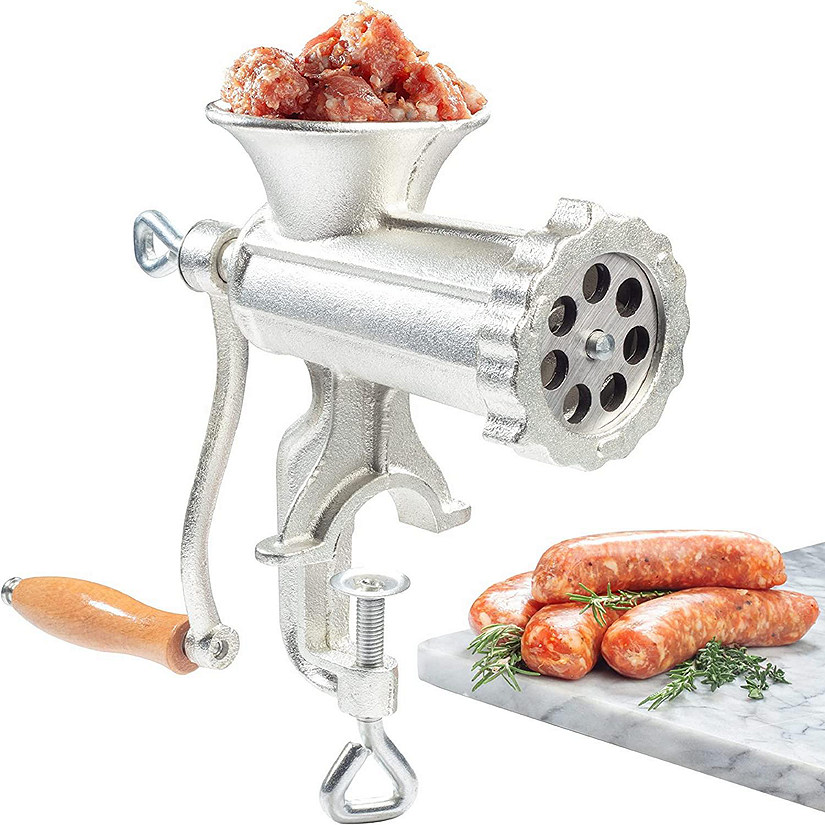 Cucinapro Meat Grinder with Tabletop Clamp & 2 Cutting Disks, Cast Iron Heavy Duty Sausage Maker and Meat Mincer, Silver