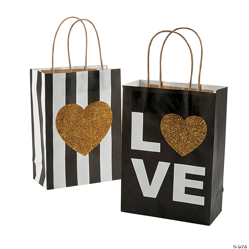 Medium Black & Gold Glitter Wedding Love Kraft Paper Gift Bags - 12 Pc. Image