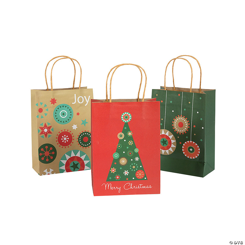 Medium Christmas Kraft Paper Gift Bags 12 Pc.