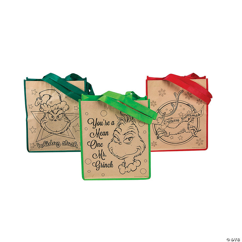 Medium Color Your Own Dr. Seuss&#8482; The Grinch Tote Bags - 12 Pc. Image
