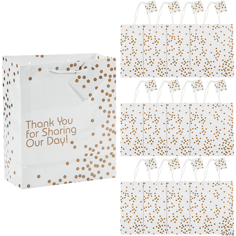 Medium Gold Dot Wedding Thank You Paper Gift Bags with Tags - 12 Pc. Image