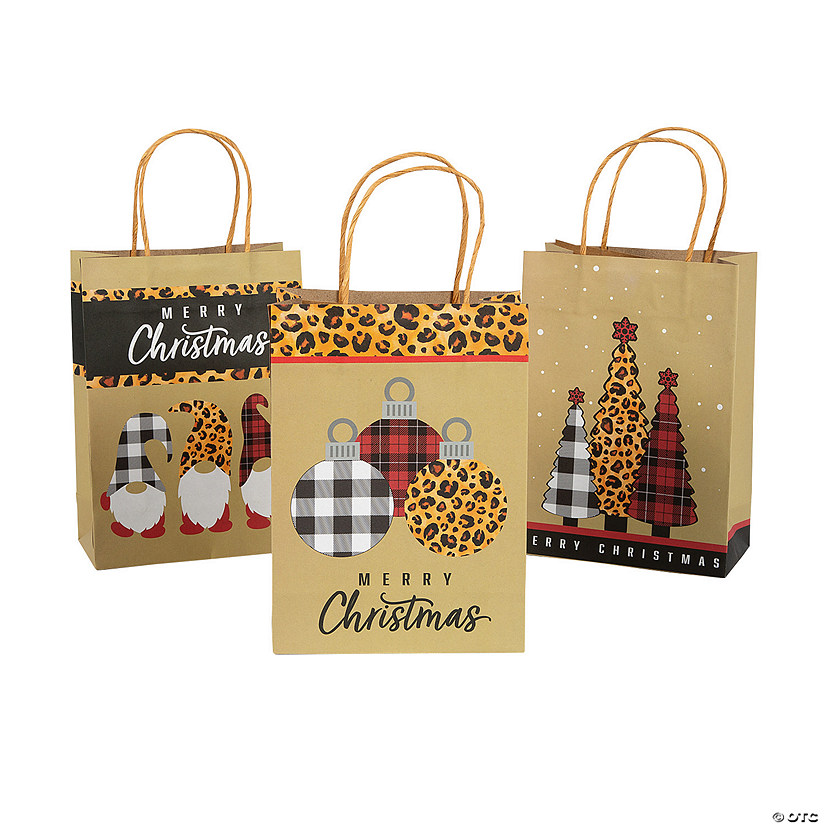 Medium Pattern Print Christmas Kraft Paper Gift Bags - 12 Pc. Image