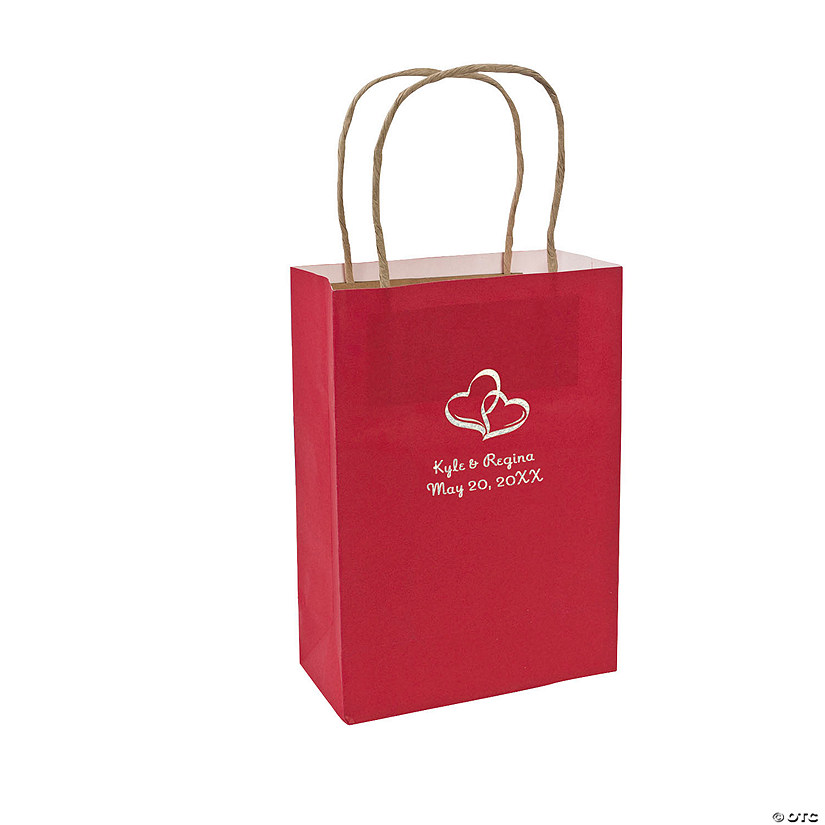 Medium Two Hearts Personalized Kraft Paper Gift Bags with Gold or Silver Foil - 12 Pc. Image