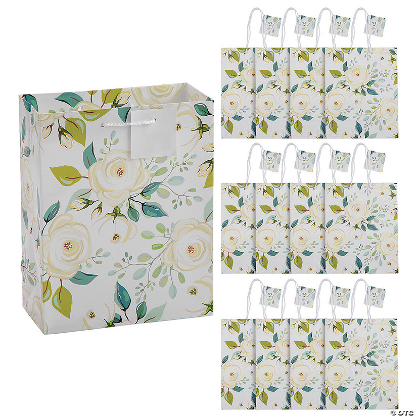 Medium White Floral Paper Gift Bags with Tag - 12 Pc. Image