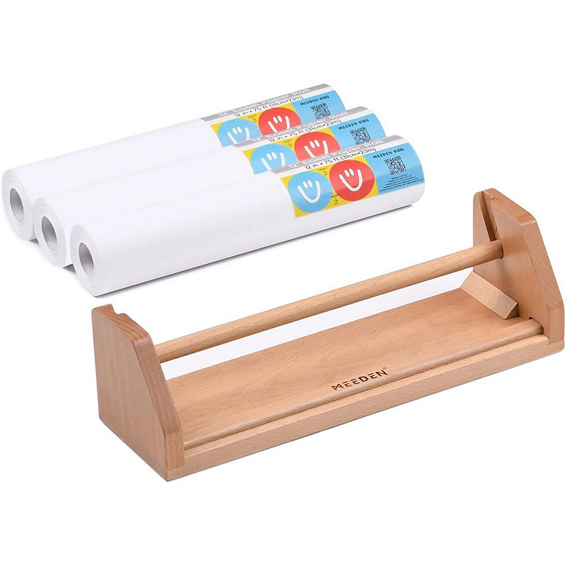 MEEDEN Kids Tabletop Paper Roll Dispenser, Solid Beech Wood with 3 Paper Rolls (12" x 75ft), Portable Art Painting Easel for Kids Image