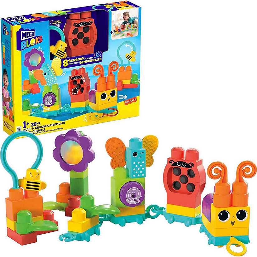 MEGA BLOKS Fisher Price 24 Piece Sensory Building Blocks Toy, Move N Groove Caterpillar Train Image