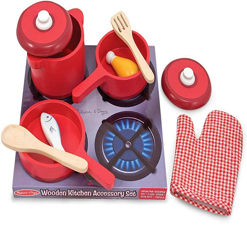 Melissa & Doug Deluxe Wooden Kitchen Accessory Set Red - Pots & Pans 8 pcs Image