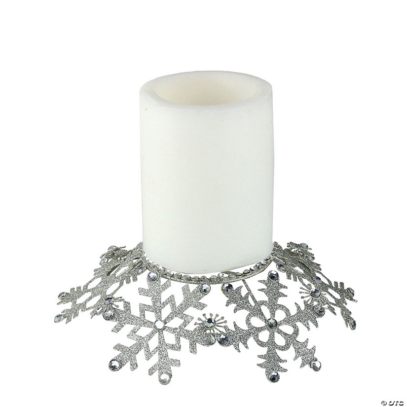 Melrose - 9" Silver Snowflake Glittered and Jeweled Christmas Pillar Candle Holder Image