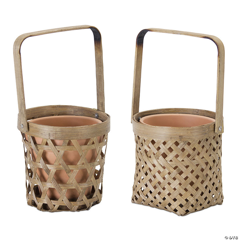 Melrose International Bamboo Basket with Terracotta Pots, 5 Inches (Set of 6) Image