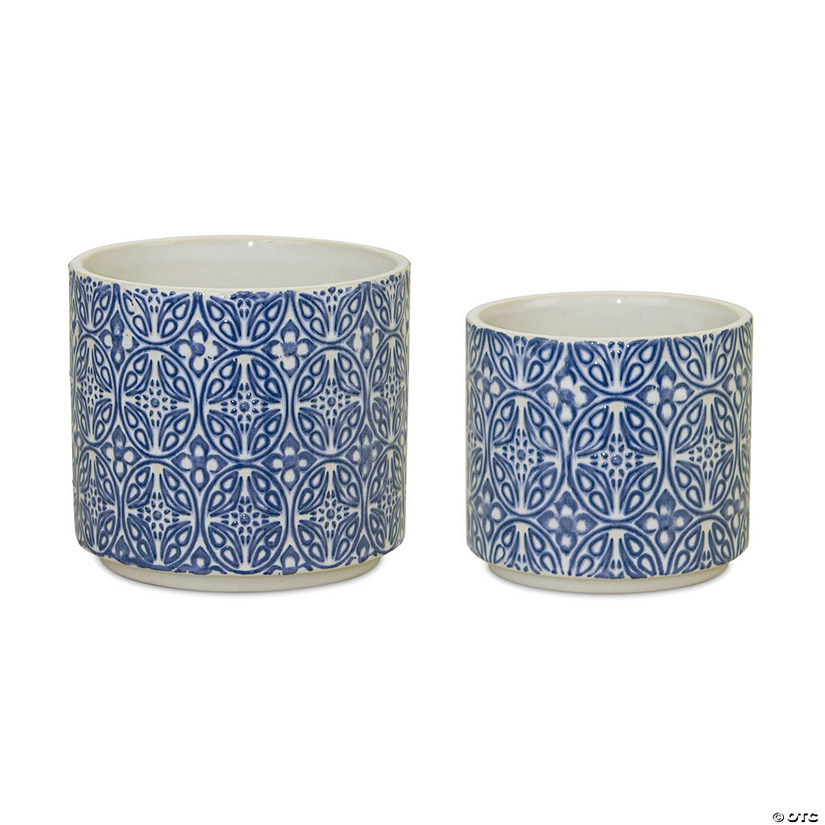 Melrose International Decorative Blue Geometric Ceramic Pots (Set of 2) Image