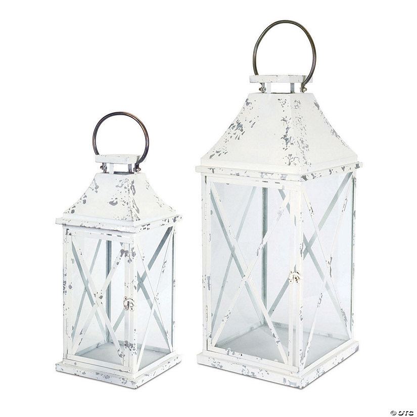 Melrose International Farmhouse White Metal Lantern (Set of 2) Image