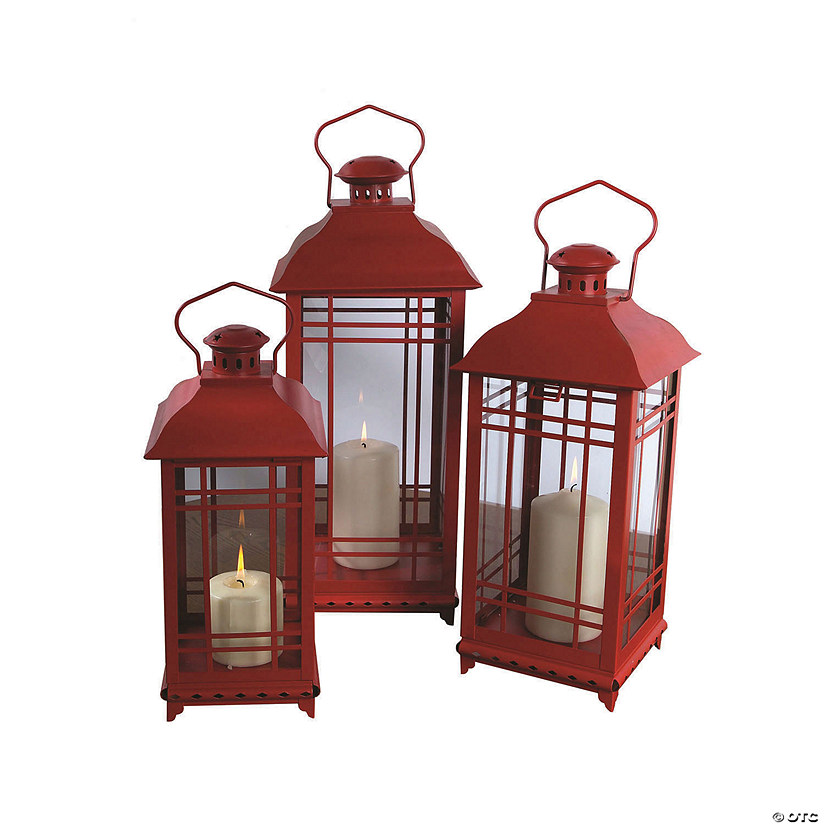 Melrose International Red Metal and Glass Lantern (Set of 3) Image