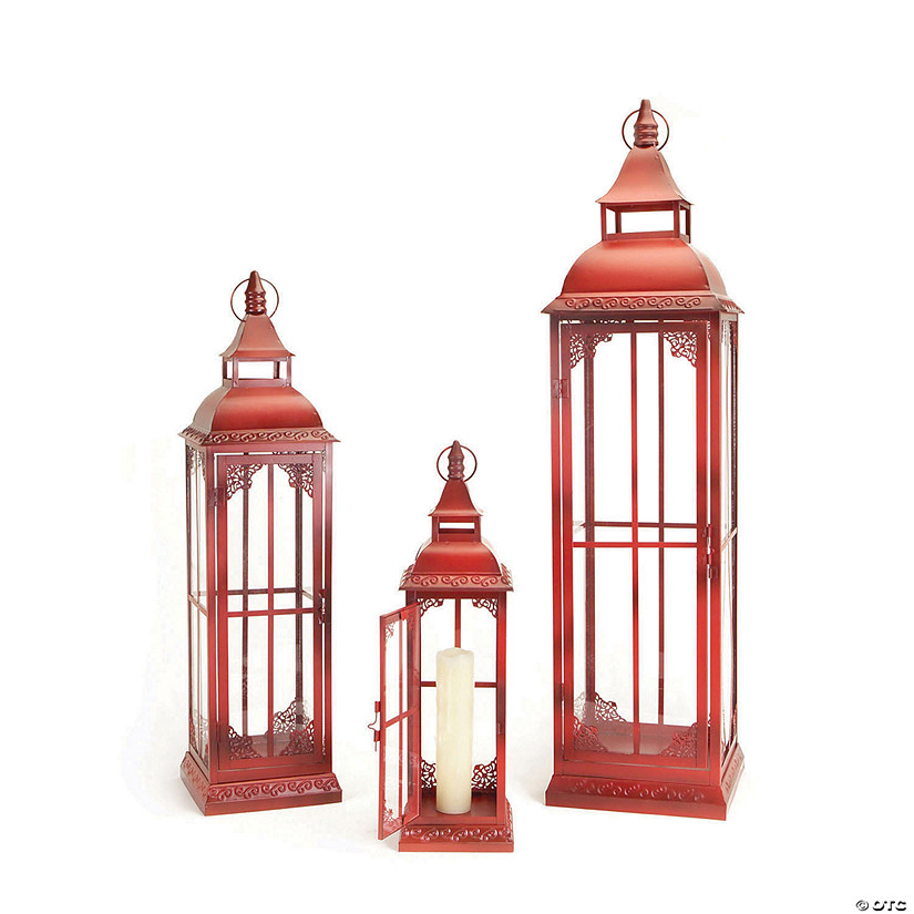 Melrose International Red Traditional Metal and Glass Lantern (Set of 3) Image