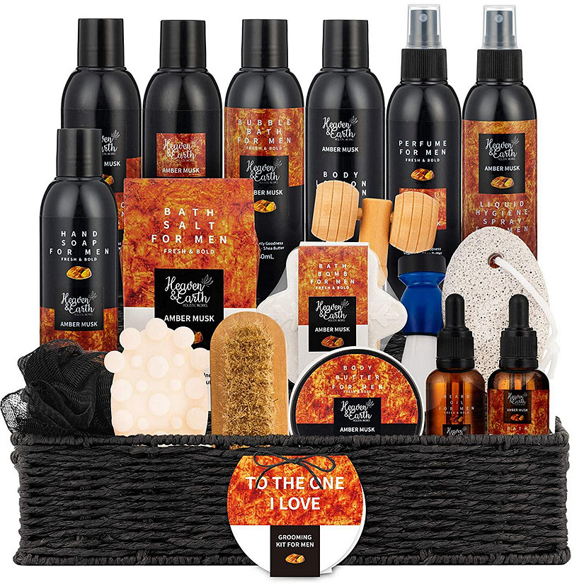 Men's Amber Musk 18-Piece Grooming Kit Luxury Bath and Body Gifts Basket Image