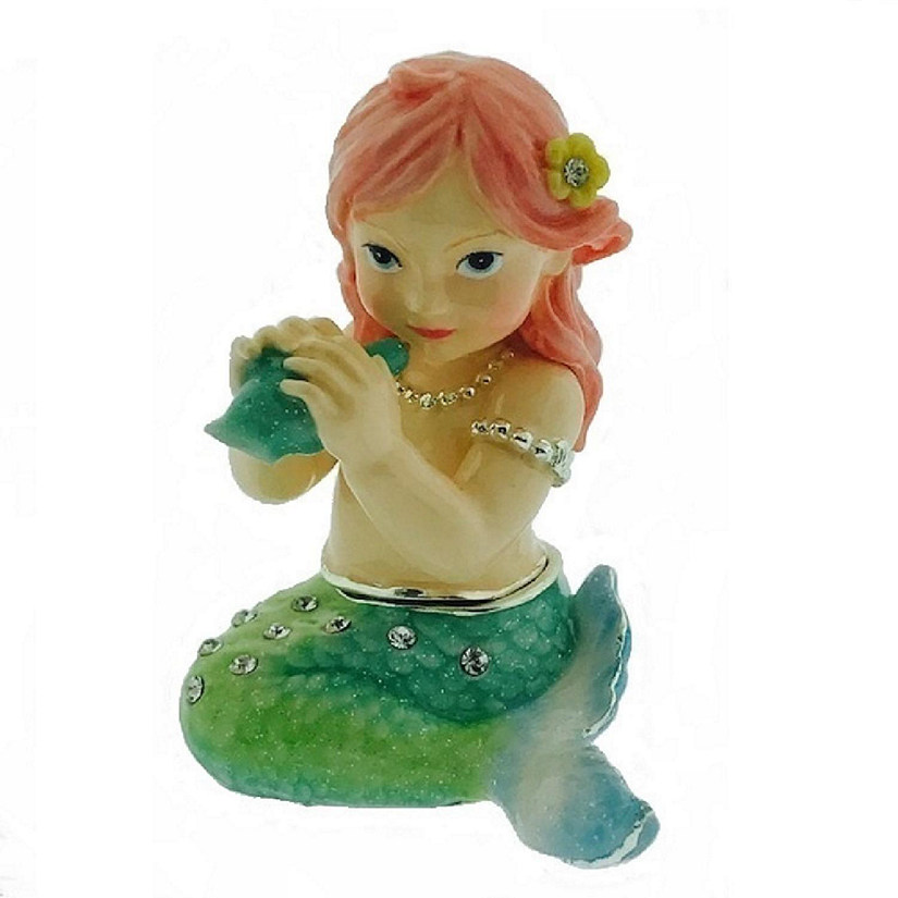 Mermaid Holding Shell Bejeweled Enamel Jewelry Trinket Keepsake Box New 2.5 inch Image