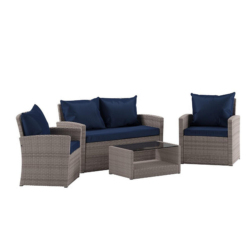 Merrick Lane Atlas 4 Piece Patio Set - Black Faux Rattan Loveseat, 2 Chair and Coffee Table - Gray Back Pillows and Seat Cushions Image