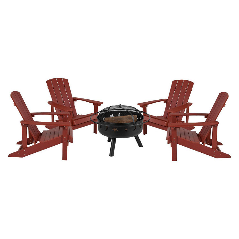 Merrick Lane Ayala Adirondack Chairs & Fire Pit - 4 Pack Red Poly Resin  Adirondack Chairs - Outdoor Black Star and Moon Fire Pit with Mesh Spark