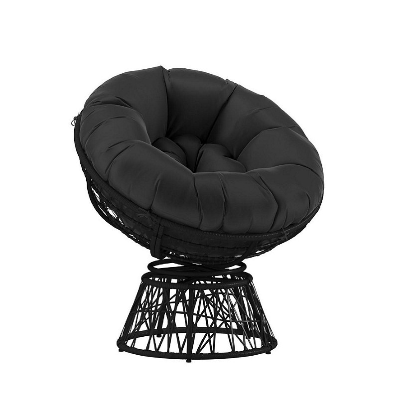 Merrick Lane Foley Papasan Style Swivel Patio Chair - Black Woven Wicker Frame - Removable All-Weather Black Cushion Image