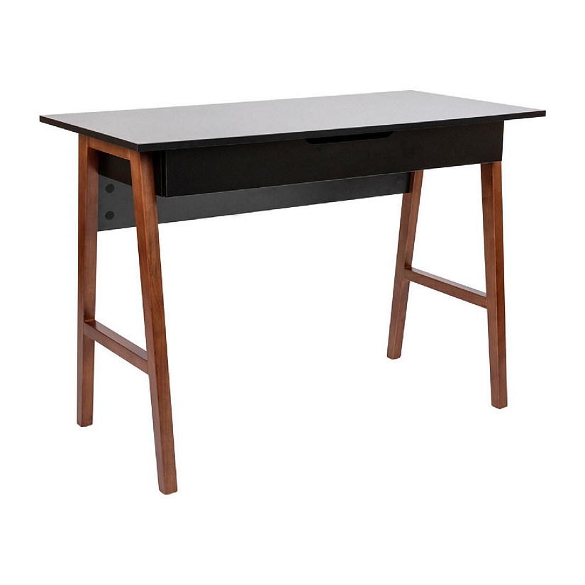 Merrick Lane Litchfield 42" Writing Desk with Divided Storage Drawer, Black Finish/Walnut Legs Image