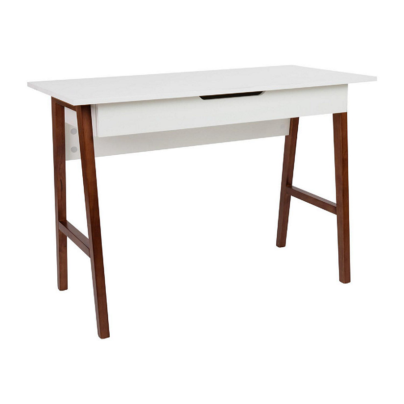 Merrick Lane Litchfield 42" Writing Desk with Divided Storage Drawer, White Finish/Walnut Legs Image