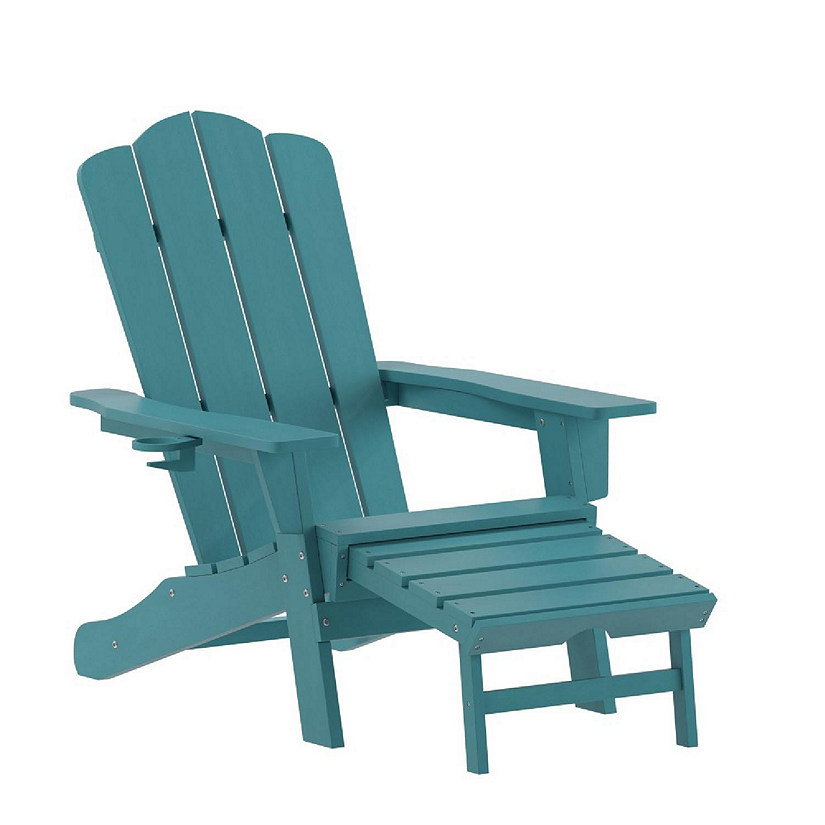 Merrick Lane Nassau Poly Resin Adirondack Chair with Cup Holder and Pull Out Ottoman, All-Weather Poly Resin Indoor/Outdoor Lounge Chair, Blue Image