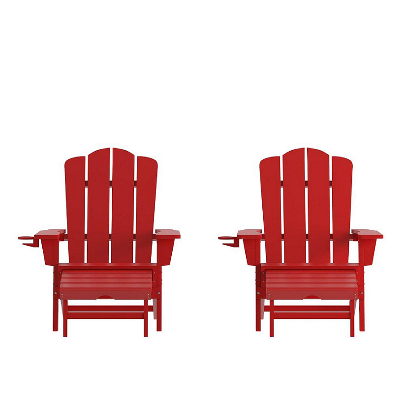 Merrick Lane Nassau Poly Resin Adirondack Chair with Cup Holder and Pull Out Ottoman, All-Weather Poly Resin Indoor/Outdoor Lounge Chair, Set of 2, Red Image