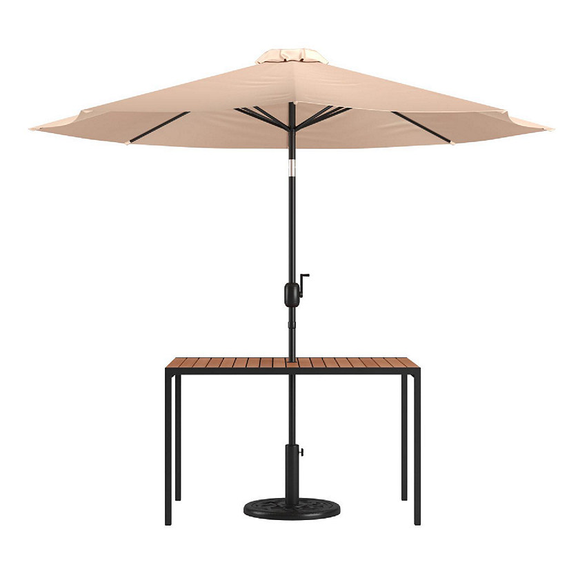 Merrick Lane Outdoor Dining Table - 30" x 48" - Powder Coated Steel Frame - Faux Teak Poly Slat Top - 9' Tan Patio Umbrella and Base Image