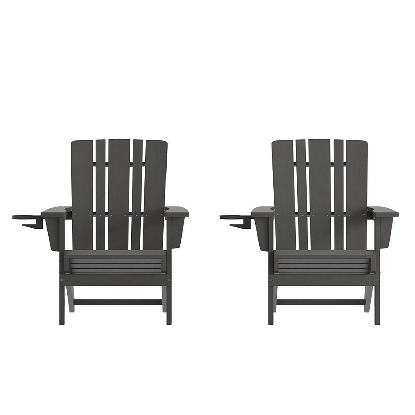Merrick Lane Ridley Adirondack Chairs with Cup Holders, Weather Resistant Poly Resin Adirondack Chairs, Set of 2, Gray Image