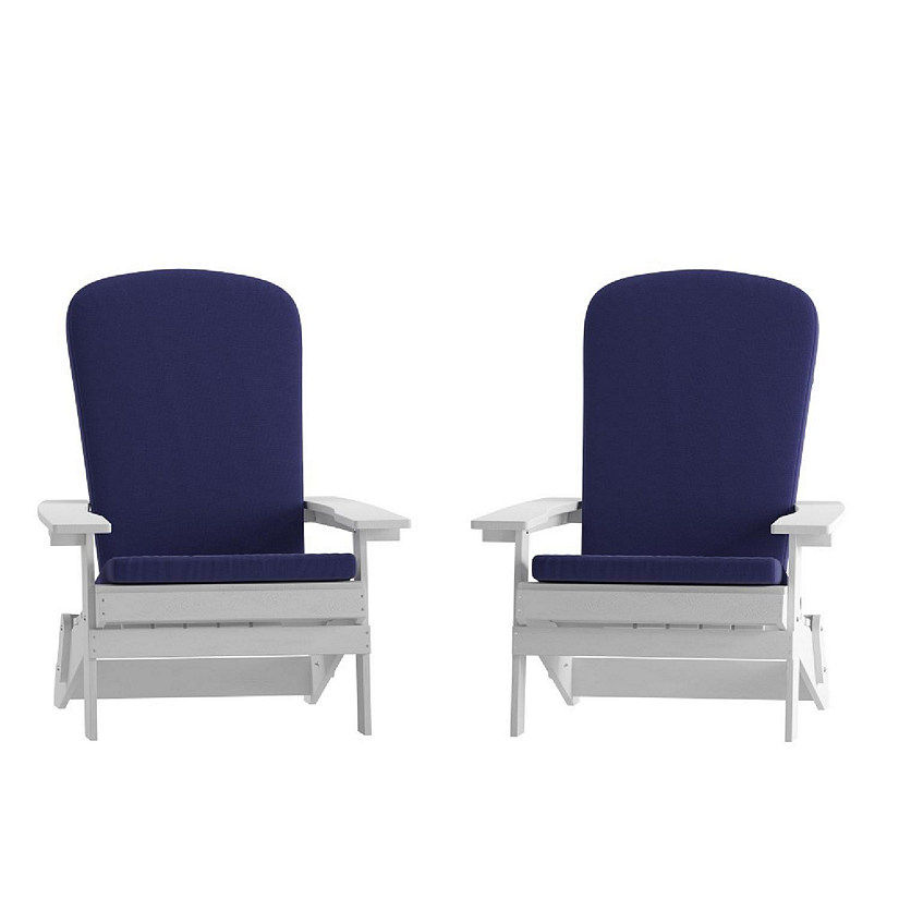 Merrick Lane Riviera Folding Adirondack Chairs with Cushions - White Polyresin Construction - Blue Comfort Foam Cushions - Set of 2 Image